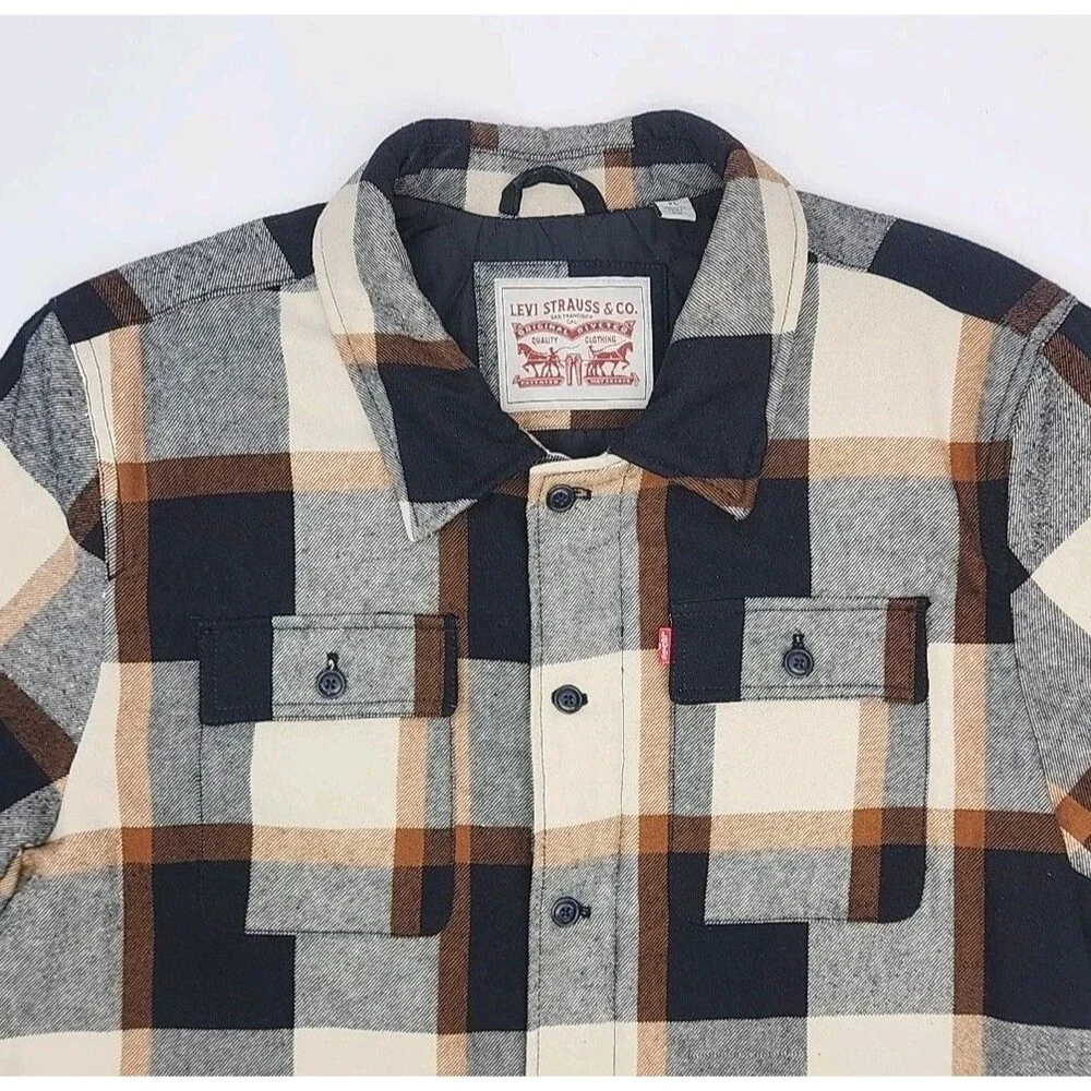 Levi Strauss Jacket Coat Quilt Lined Men Sz XL Zip Button Blue Tan Plaid Pockets